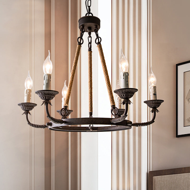 Candelabra Living Room Chandelier Retro Metallic Rust Pendant Lighting Fixture with Hemp Rope Cord
