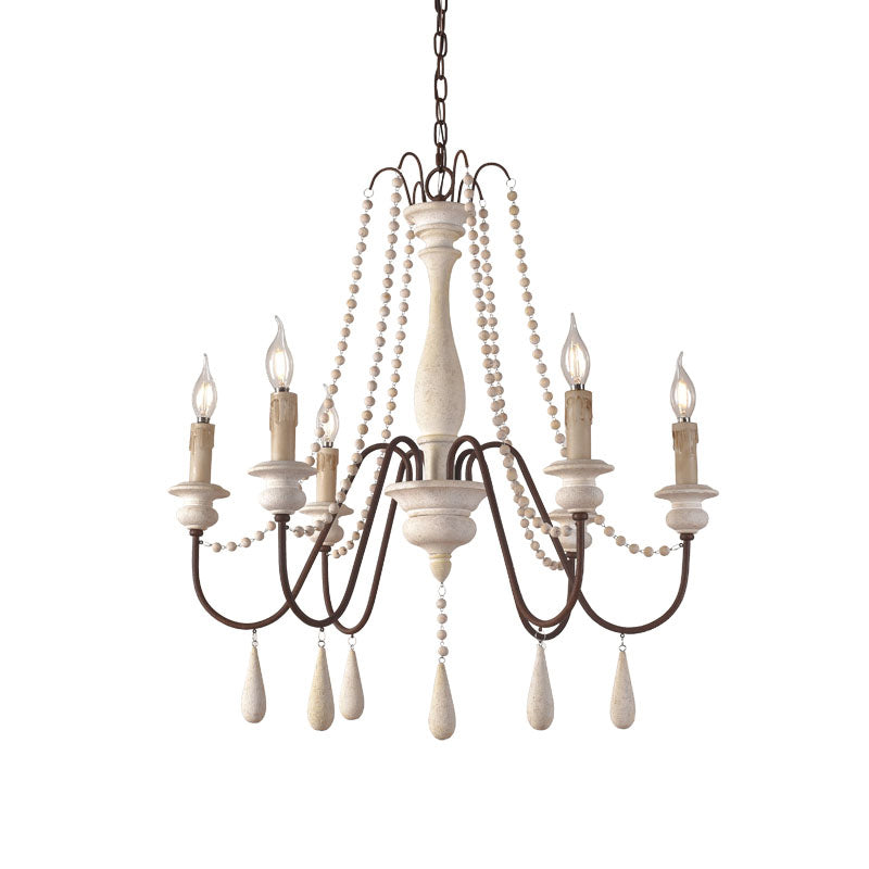 Rural Candle Pendulum Light 6 Bulbs Wood Chandelier Lighting Fixture in White with Bead Strand