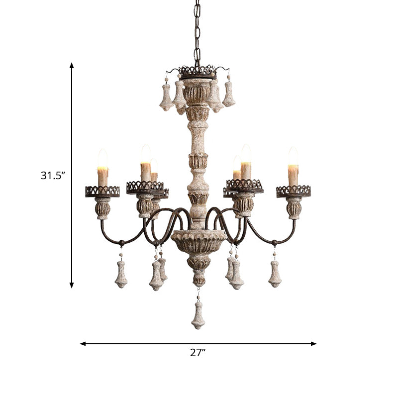 Metal Curvy Arm Chandelier Classic 6 Bulbs Living Room Pendant Lamp in Distressed Wood