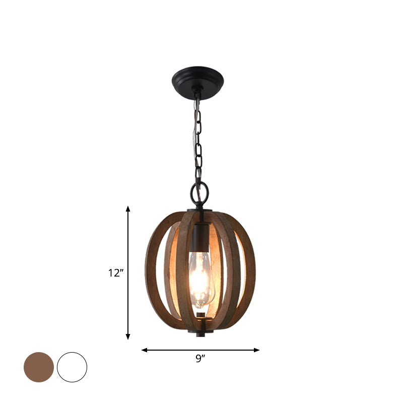 Wood Geometrical Cage Suspension Lamp Traditional 1 Head Living Room Drop Pendant