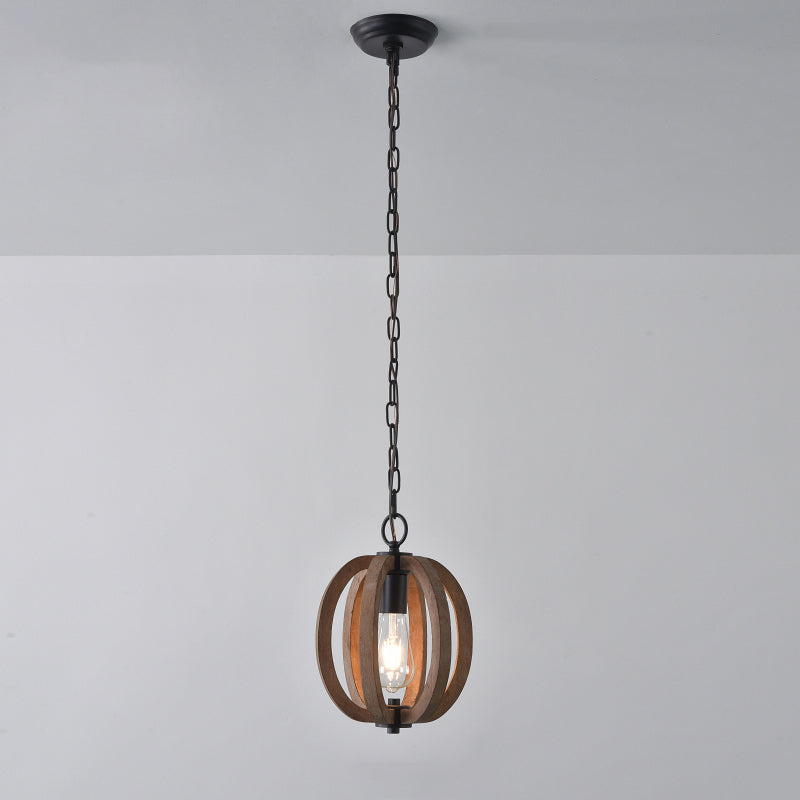 Caged Distressed Wood Hanging Pendant Light Country 1 Head Dining Room Suspension Lighting