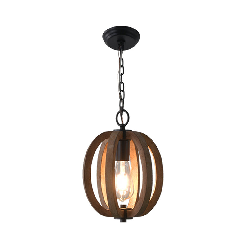 Caged Distressed Wood Hanging Pendant Light Country 1 Head Dining Room Suspension Lighting