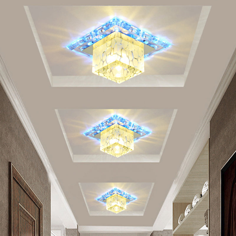 Cubic Shaped Flush Light Fixture Contemporary Crystal LED Chrome Close to Ceiling Lamp for Corridor