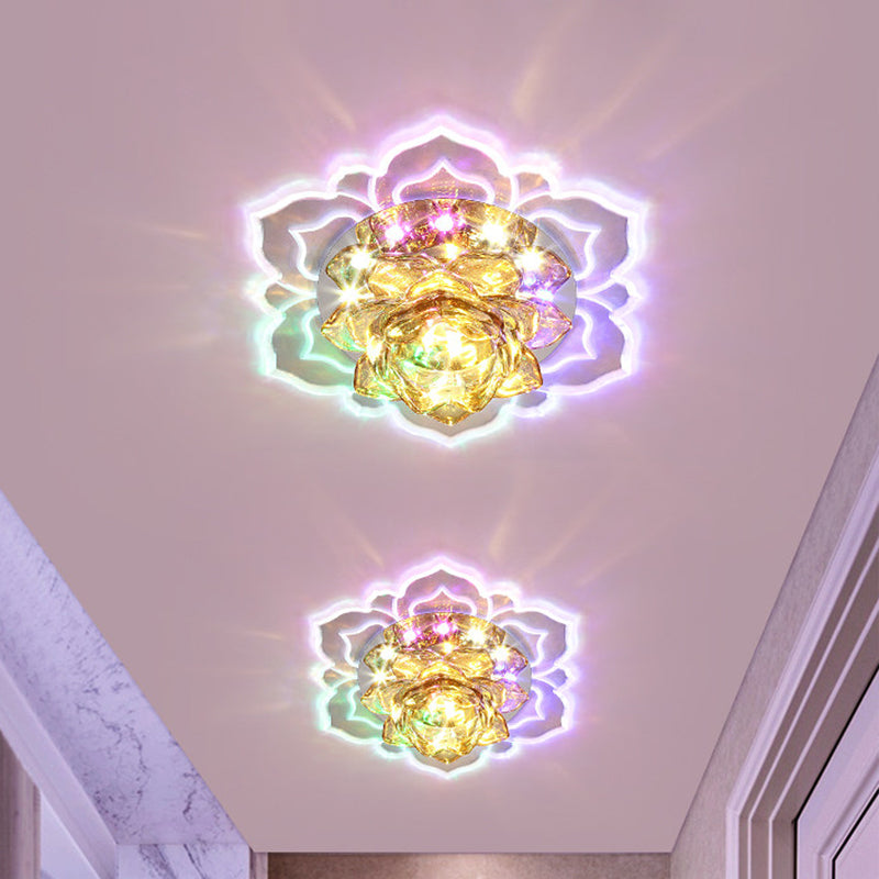 Faceted Crystal Lotus Flush Light Fixture Contemporary LED Chrome Close to Ceiling Lamp
