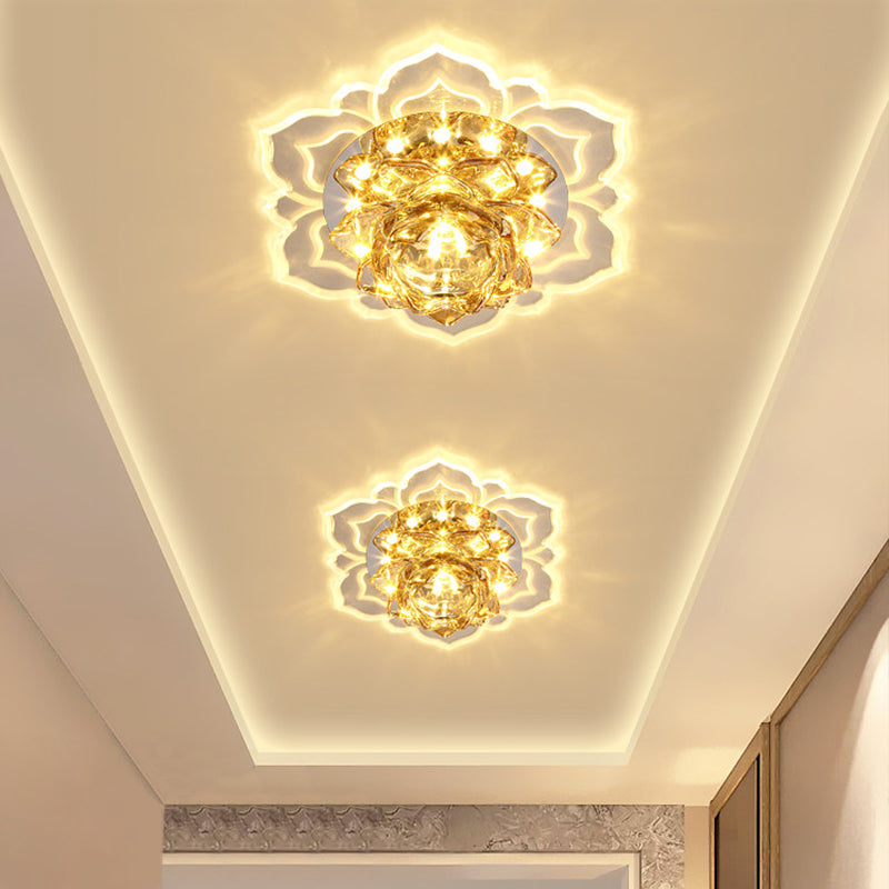 Faceted Crystal Lotus Flush Light Fixture Contemporary LED Chrome Close to Ceiling Lamp