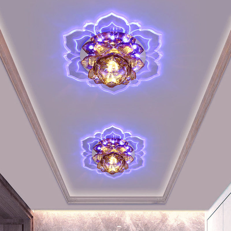 Faceted Crystal Lotus Flush Light Fixture Contemporary LED Chrome Close to Ceiling Lamp