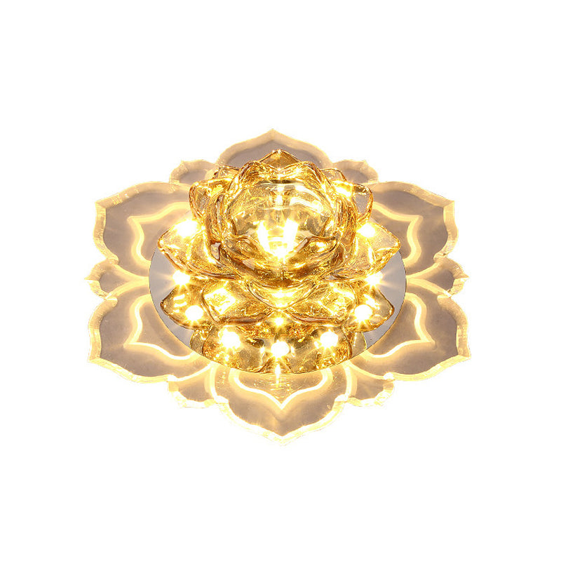 Faceted Crystal Lotus Flush Light Fixture Contemporary LED Chrome Close to Ceiling Lamp