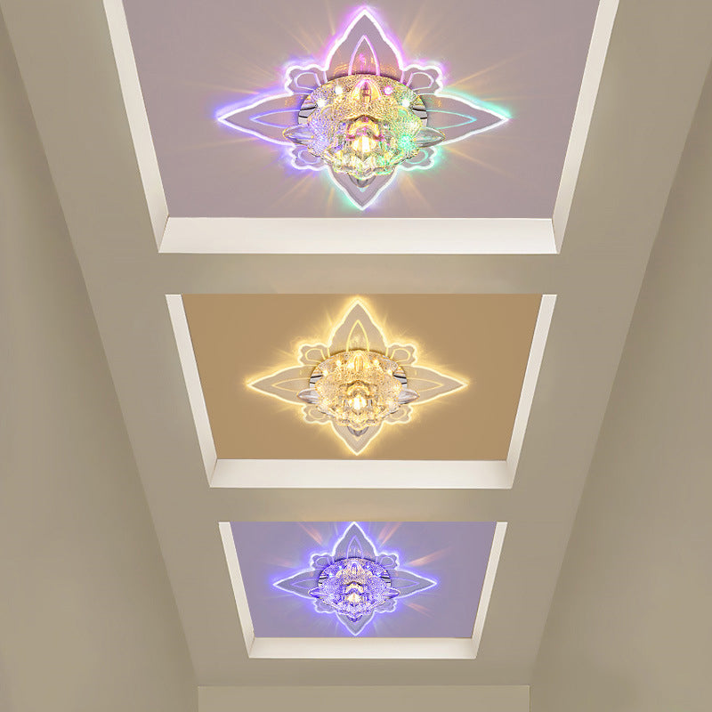 LED Foyer Ceiling Flush Contemporary Flush Light Fixture with Flower Clear Faceted Crystal Shade