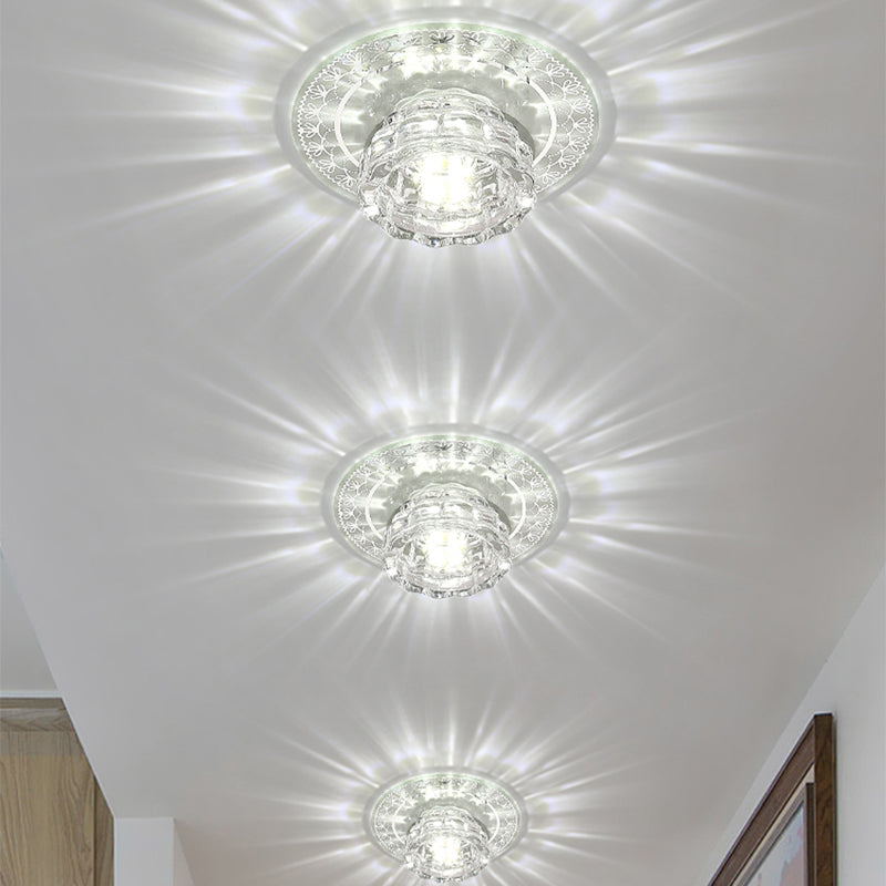 LED Aisle Flush Mount Lamp Simple Chrome Close to Ceiling Light with Bowl Beveled Crystal Shade