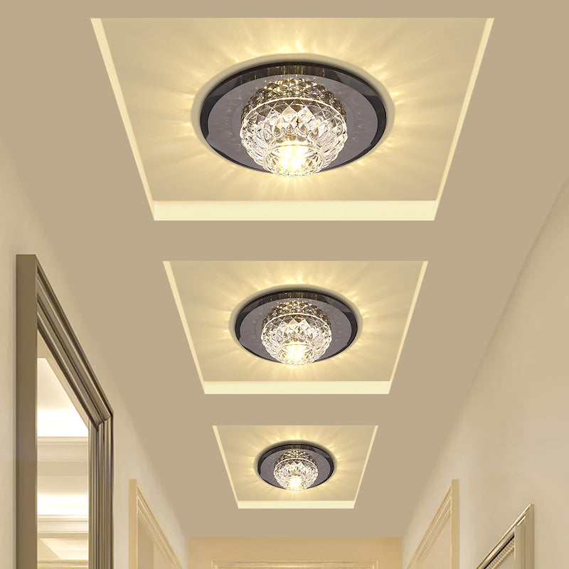 Lattice Bowl Flush Light Fixture Minimalist Beveled Crystal LED Black Close to Ceiling Light for Porch