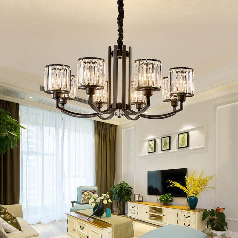 Black Cylinder Pendant Lighting Fixture Classic Faceted Crystal Living Room Chandelier Lamp