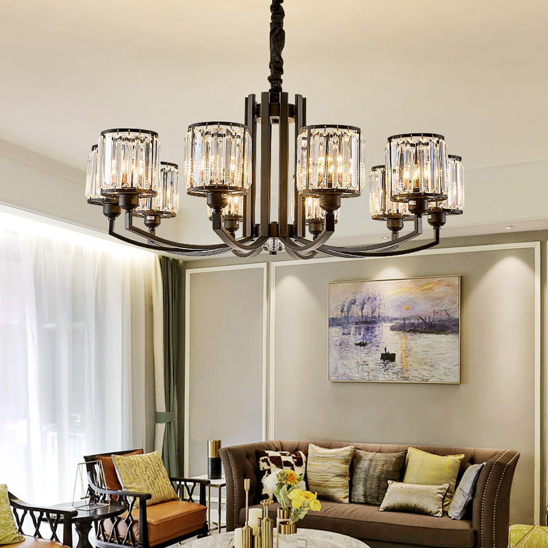 Black Cylinder Pendant Lighting Fixture Classic Faceted Crystal Living Room Chandelier Lamp