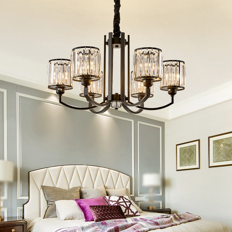 Black Cylinder Pendant Lighting Fixture Classic Faceted Crystal Living Room Chandelier Lamp