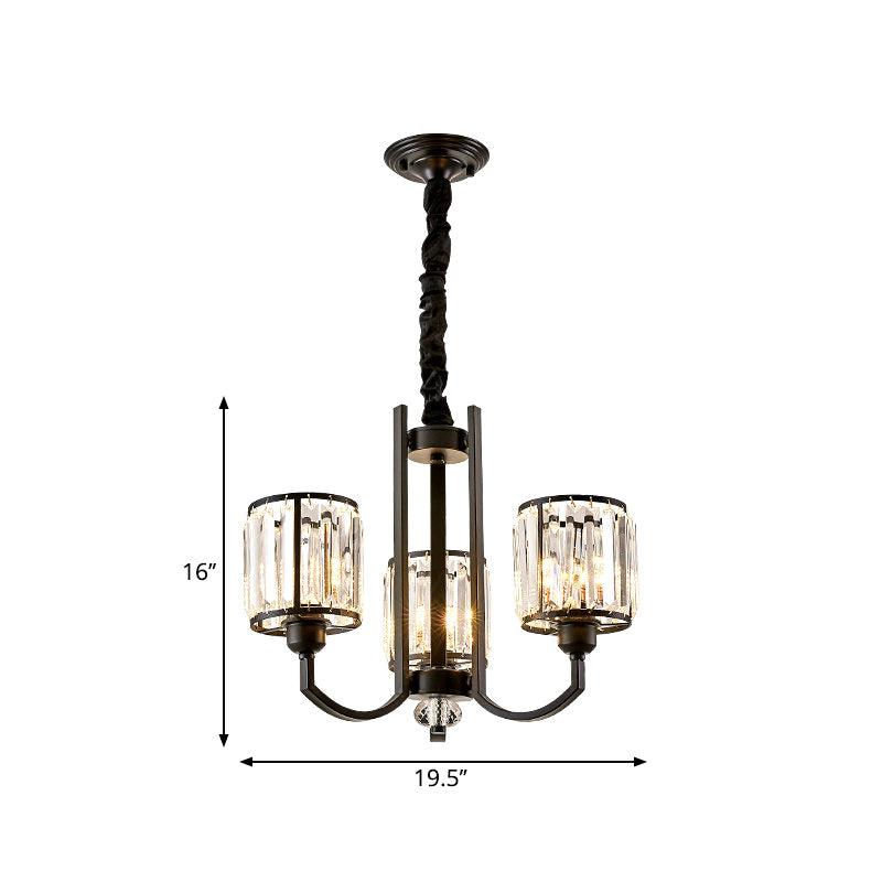 Black Cylinder Pendant Lighting Fixture Classic Faceted Crystal Living Room Chandelier Lamp