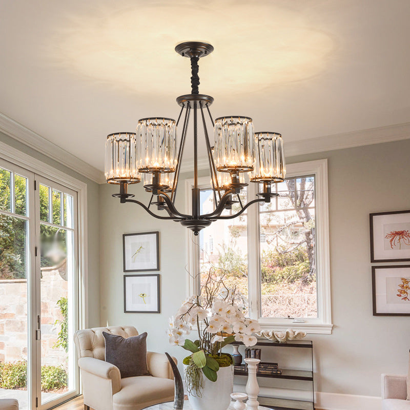 Cylinder Living Room Ceiling Chandelier Country Beveled Crystal Black Hanging Pendant Light