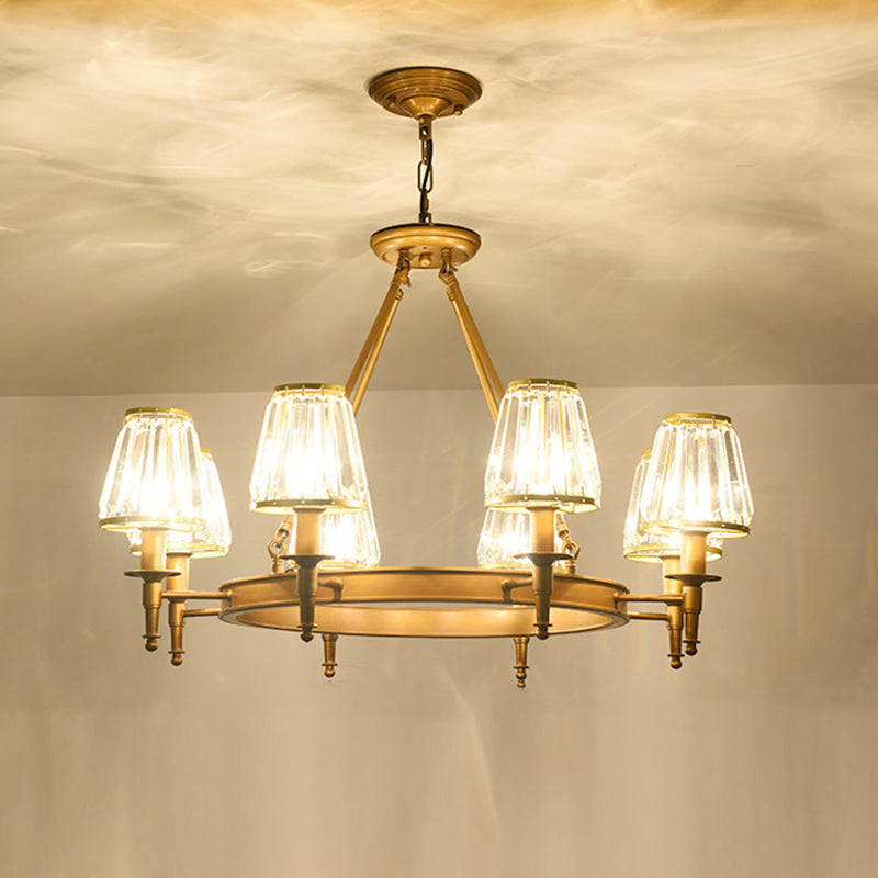 Faceted Crystal Hanging Lamp Kit Classic Conic Living Room Chandelier Lighting with Metal Ring Design