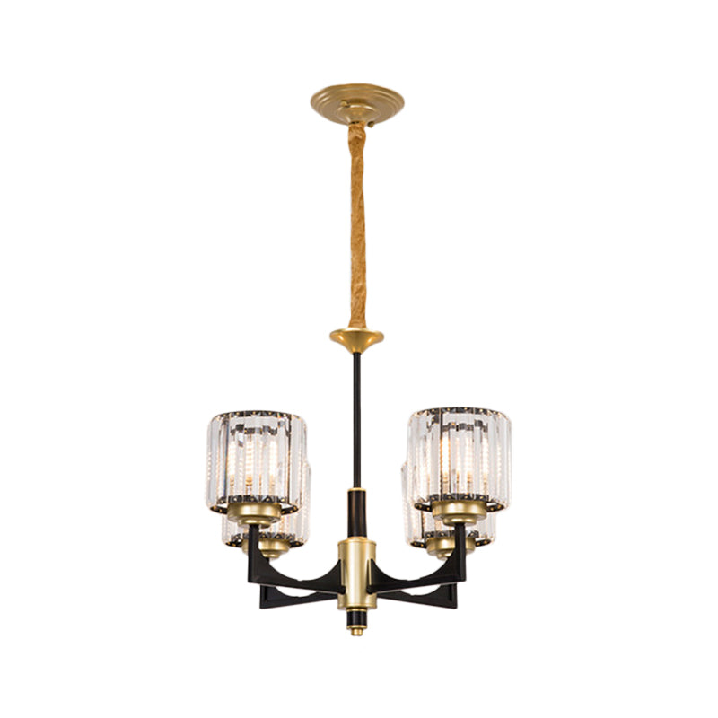 4/6/12 Lights Cylinder Up Chandelier Post-Modern Black and Brass Crystal Prism Hanging Light Fixture