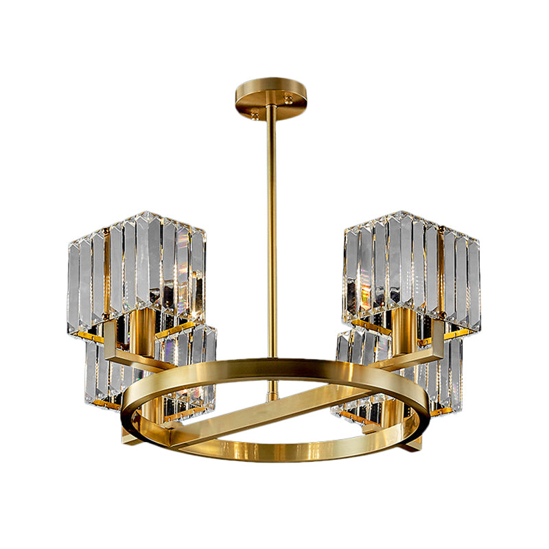 4/8/10-Bulb Crystal Rectangle Pendant Lamp Postmodern Gold Circular Dining Room Chandelier