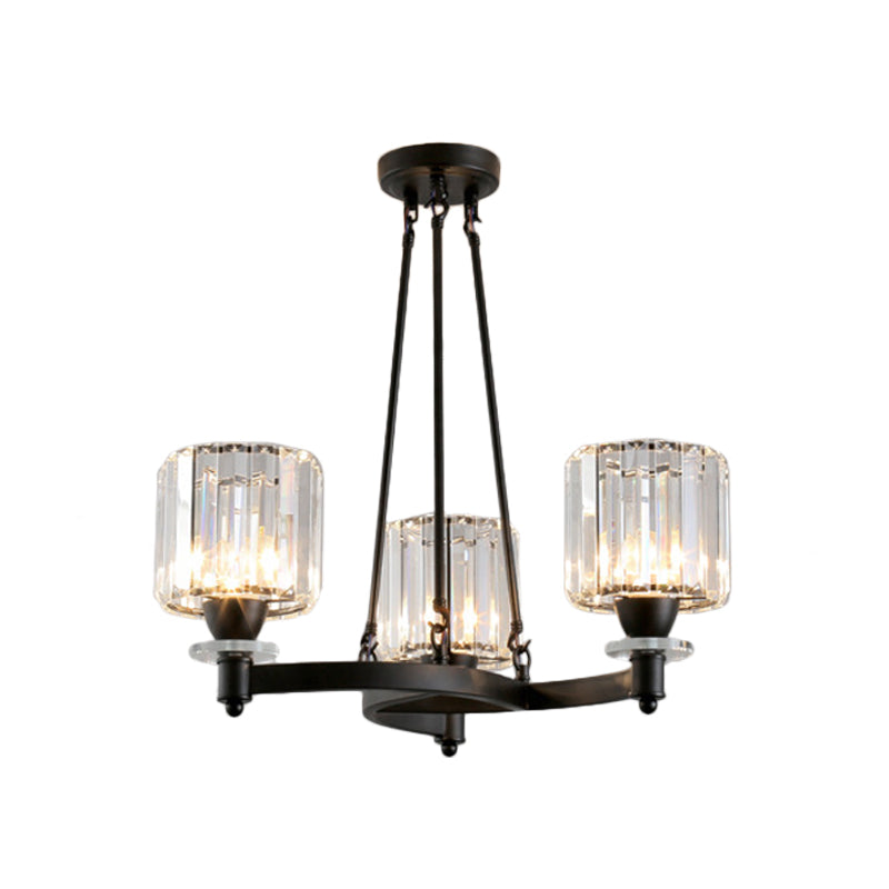 Prismatic Crystal Cylinder Chandelier Contemporary 3/6/8-Head Dining Room Ceiling Suspension Lamp in Black/Gold