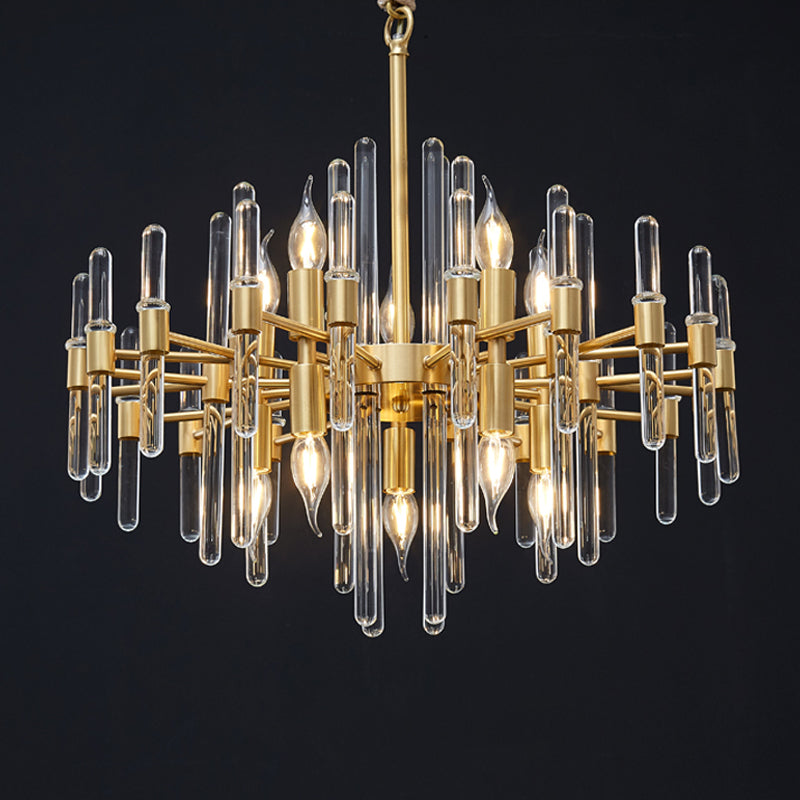 10 Heads Crystal Rod Drop Lamp Postmodern Brass Radial Living Room Chandelier Light