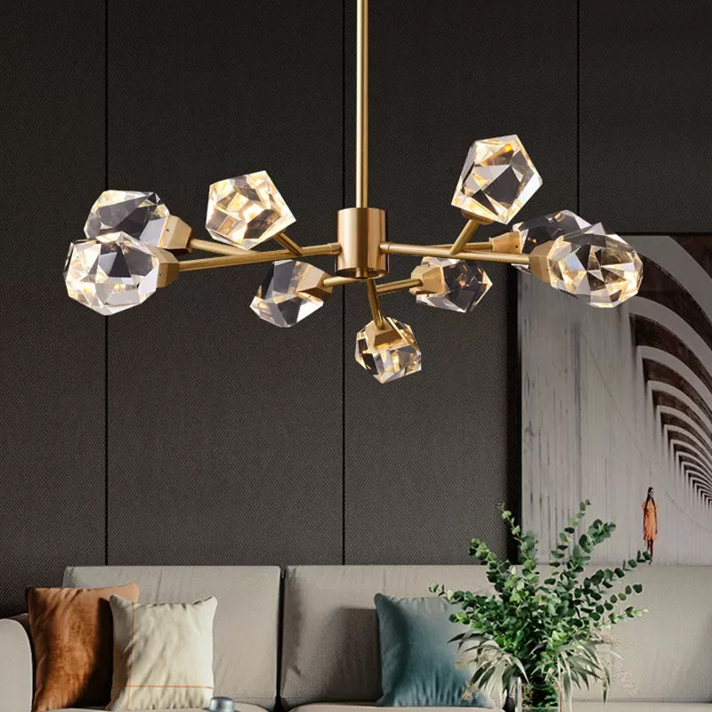 9-Bulb Clear Crystal Pendant Lighting Modern Brass Gem Shaped Living Room Chandelier Light Fixture