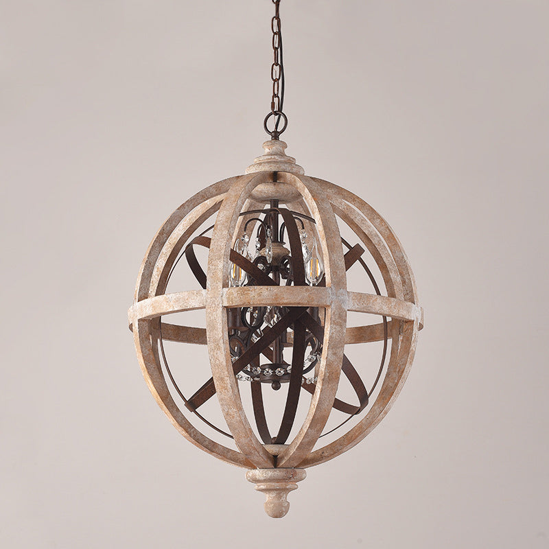 5-Light Wood Drop Pendant Classic Ared White Globe Cage Cage Chandroom Chandelier Lighting avec accent cristallin