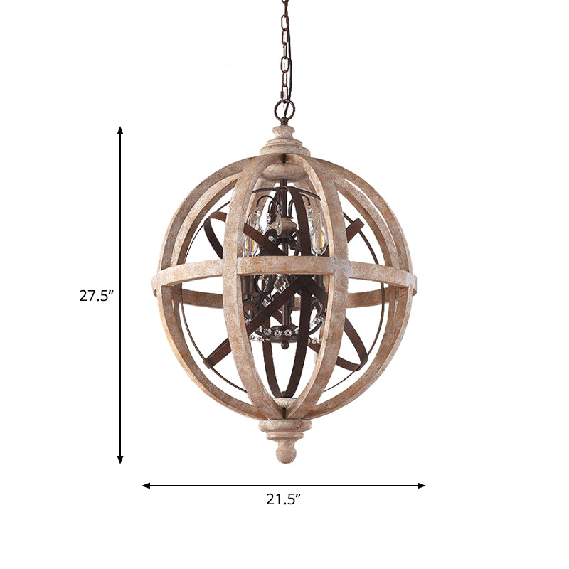 5-Light Wood Drop Pendant Classic Ared White Globe Cage Cage Chandroom Chandelier Lighting avec accent cristallin