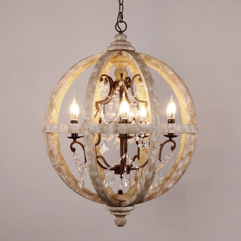 5-Light Wood Drop Pendant Classic Ared White Globe Cage Cage Chandroom Chandelier Lighting avec accent cristallin