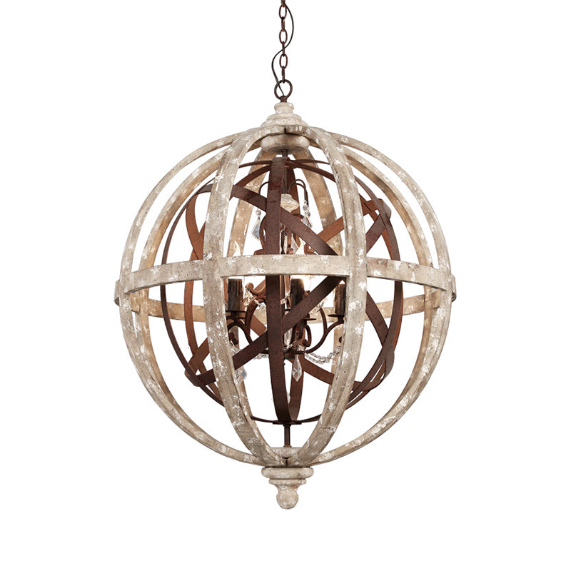 5-Light Wood Drop Pendant Classic Ared White Globe Cage Cage Chandroom Chandelier Lighting avec accent cristallin