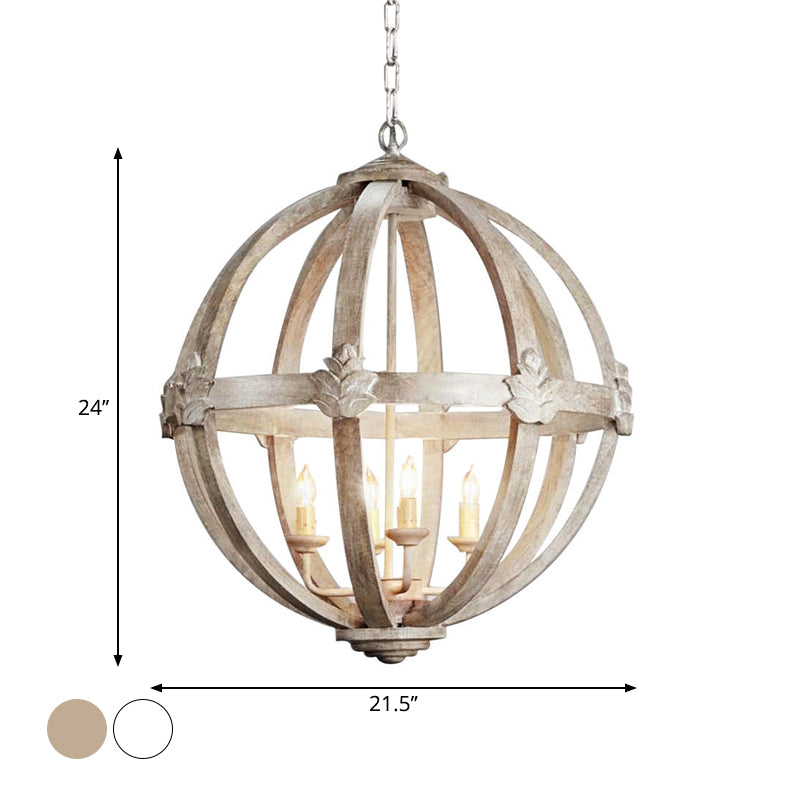 4-Bulb Hanging Lamp Kit Rustic Bedroom Candle Pendant Chandelier with Spherical Wood Shade