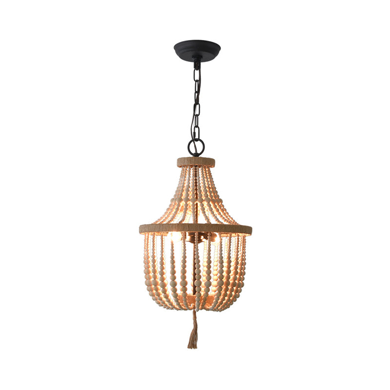 Rural Beaded Basket Chandelier Lamp 2-Head Wood Pendant Light Fixture for Restaurant