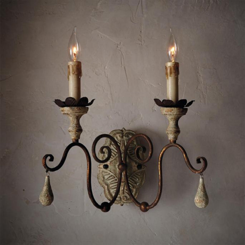 Country Swooping Arm Wall Sconce 2 Bulbs Metal Wall Mount Light Fixture in White with Wood Backplate