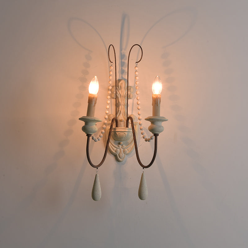 Country Swooping Arm Wall Sconce 2 Bulbs Metal Wall Mount Light Fixture in White with Wood Backplate