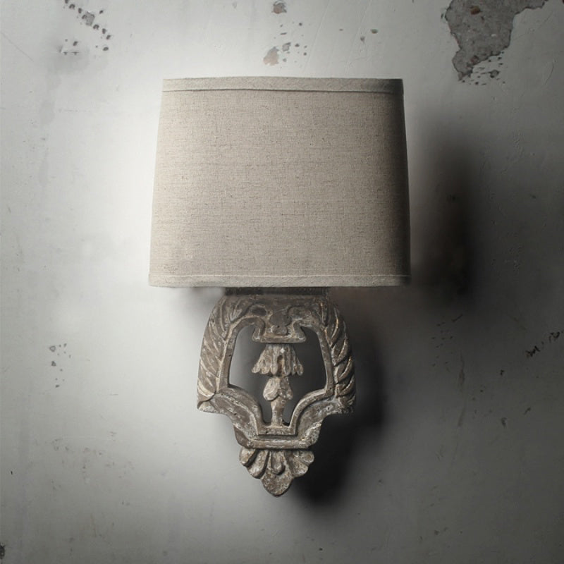 Square Fabric Wall Light Fixture Country 1 Light Corridor Wall Lamp Sconce in Brown with Carved Backplate