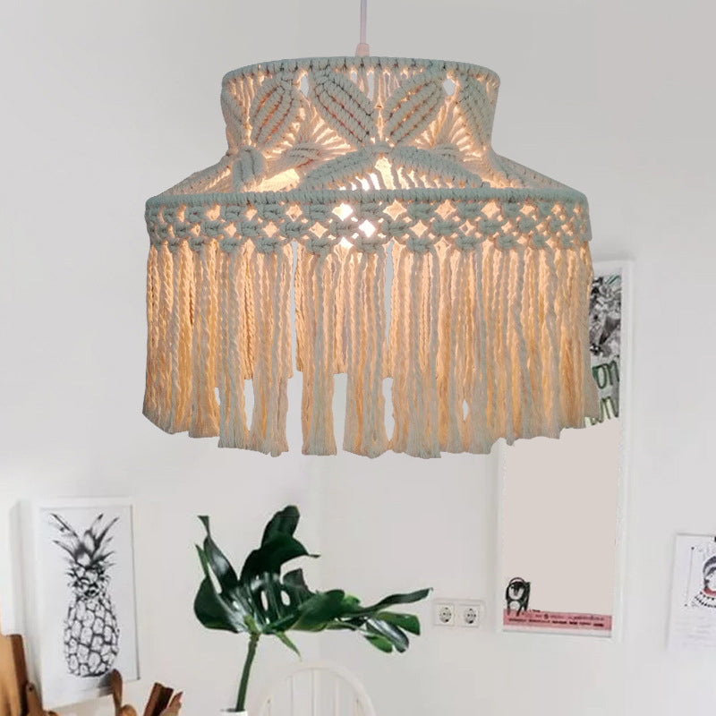 1-Bulb Barn Pendant Light Traditional Beige Hemp Rope Suspension Lighting Fixture with Tassel Fringe