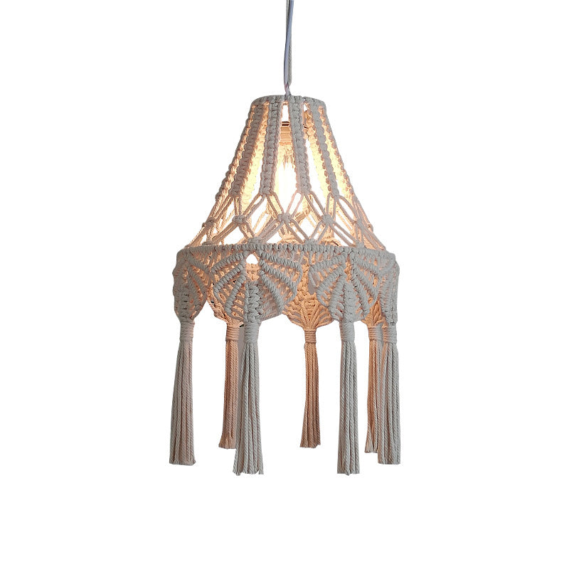 Scalloped Rope Suspension Lamp Countryside 1 Light Living Room Hanging Ceiling Light in Beige with Tassel Fringe