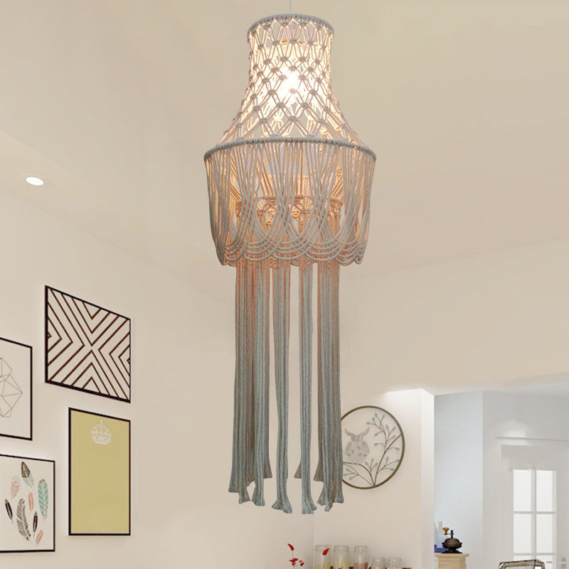 1 Light Pendant Light Fixture Traditional Basket Shaped Hemp Rope Tassel Fringe Hanging Lamp Kit in Beige