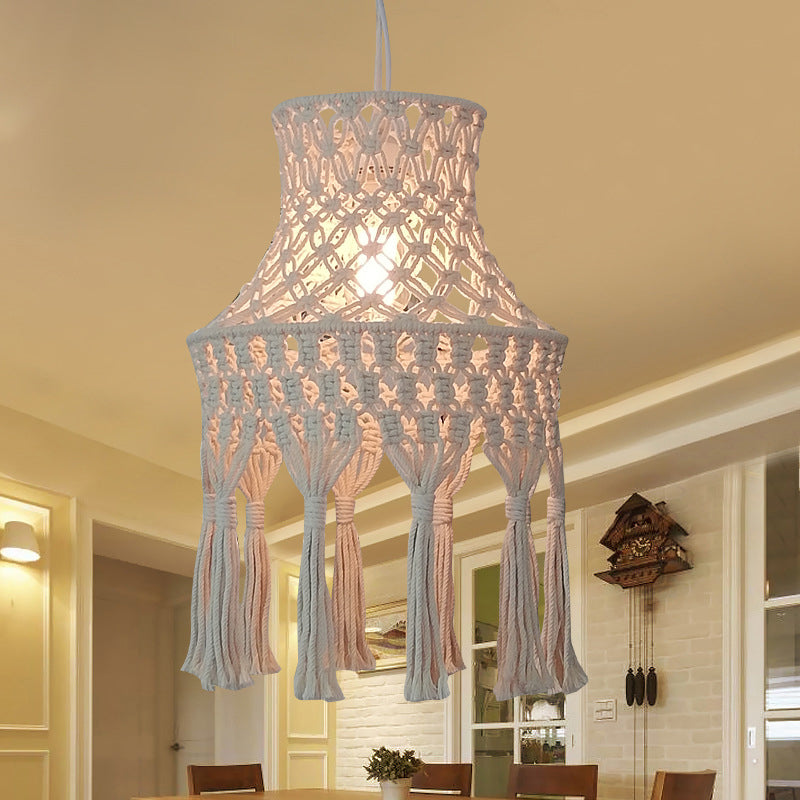 Beige Flared Suspension Light Countryside Natural Rope 1 Head Dining Room Pendant Lighting
