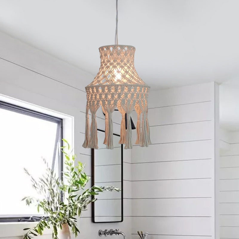 Beige Flared Suspension Light Countryside Natural Rope 1 Head Dining Room Pendant Lighting