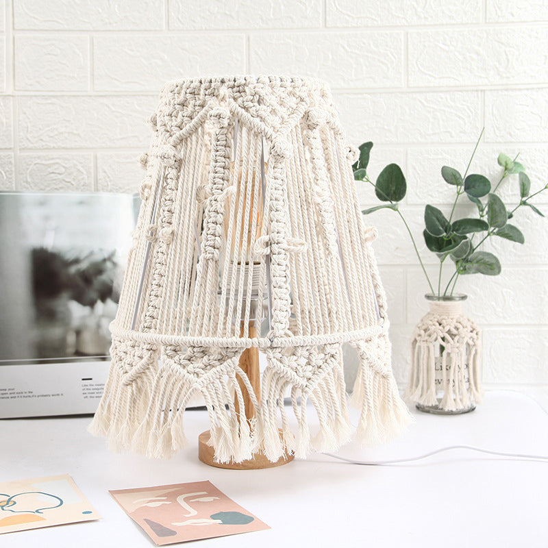 1 Kopf Nachttisch Lampe Country Tapered gewebte Seiltischleuchte mit Quastenrand in Gelb für Schlafzimmer