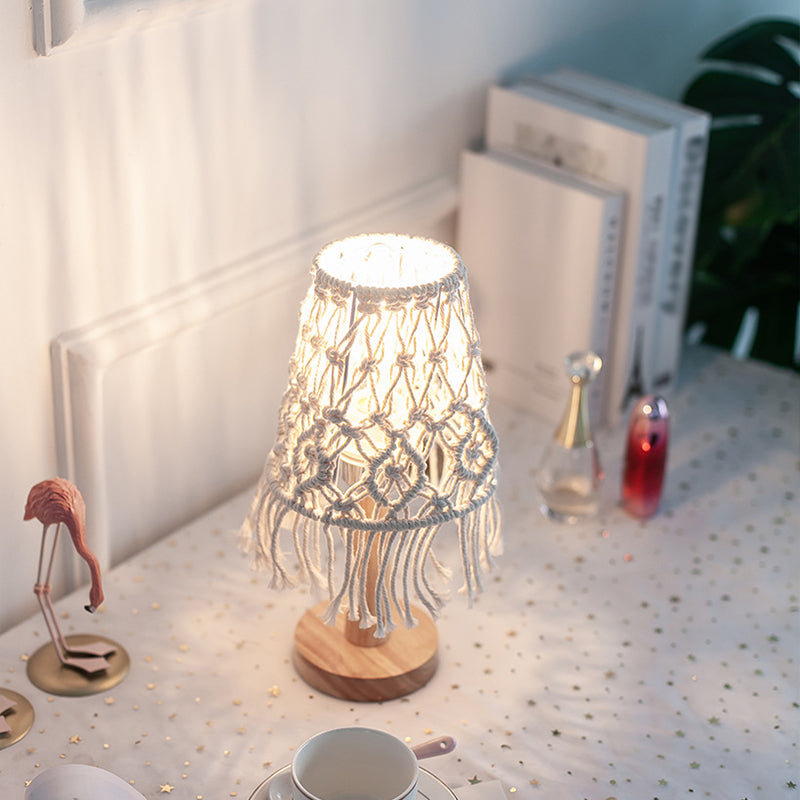 Geel kegel nachtkastje verlichting landelijk touw 1 lichte slaapkamer nachtlampje met houten basis