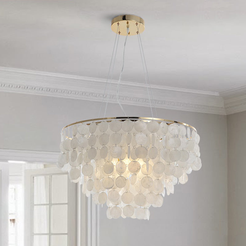 Gold Tiered Circle Chandelier Light Countryside Shell Living Room Suspension Pendant