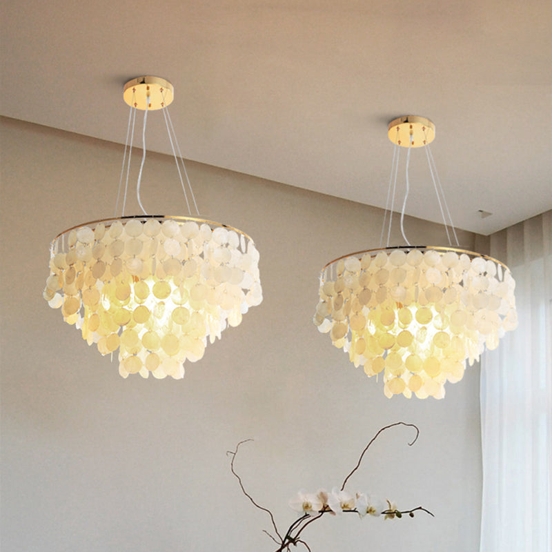 Gold Tiered Circle Chandelier Light Countryside Shell Living Room Suspension Pendant