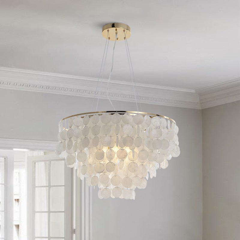 Gold Tiered Circle Chandelier Light Countryside Shell Living Room Suspension Pendant