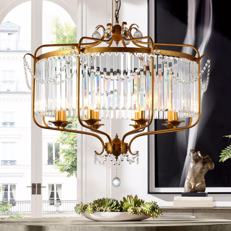 Faceted Crystal Chandelier Lamp Round Countryside Pendant Light Kit with Wire Cage for Living Room