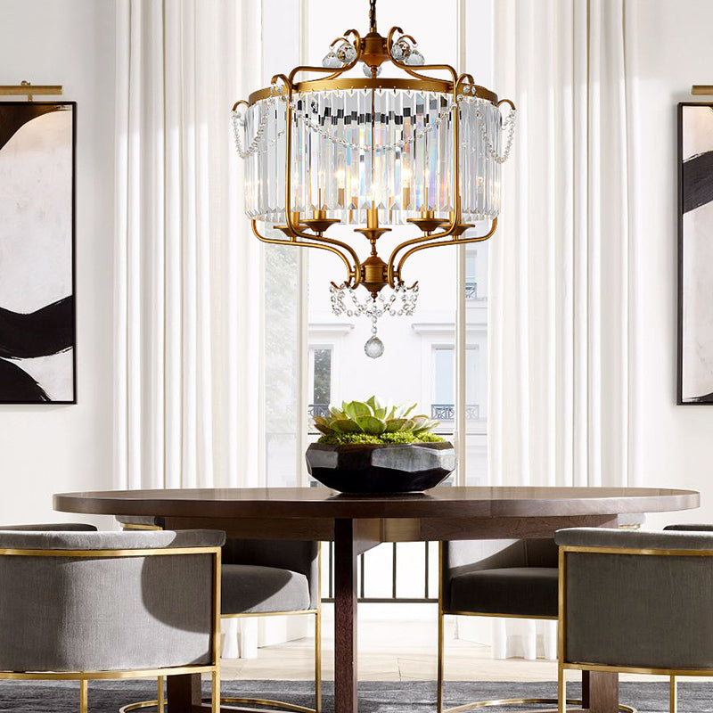 Faceted Crystal Chandelier Lamp Round Countryside Pendant Light Kit with Wire Cage for Living Room
