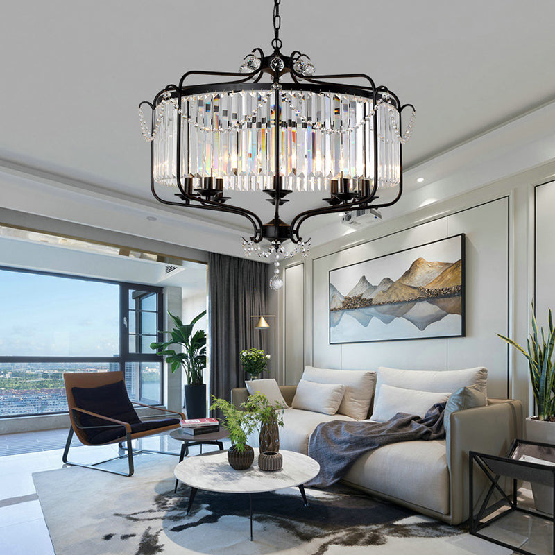 Faceted Crystal Chandelier Lamp Round Countryside Pendant Light Kit with Wire Cage for Living Room