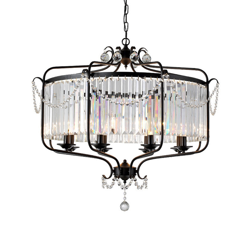 Faceted Crystal Chandelier Lamp Round Countryside Pendant Light Kit with Wire Cage for Living Room