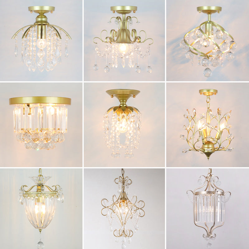 Metal Geometrical Semi Flush Traditional 1 Light Corridor Crystal Ceiling Mounted Fixture in Brass