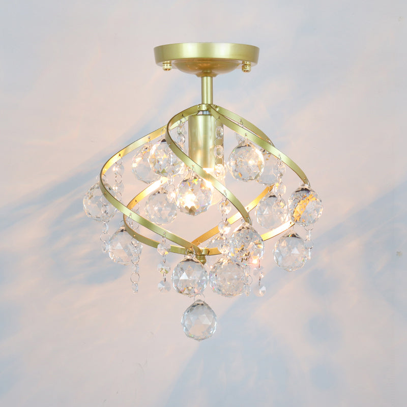 Metal Geometrical Semi Flush Traditional 1 Light Corridor Crystal Ceiling Mounted Fixture in Brass